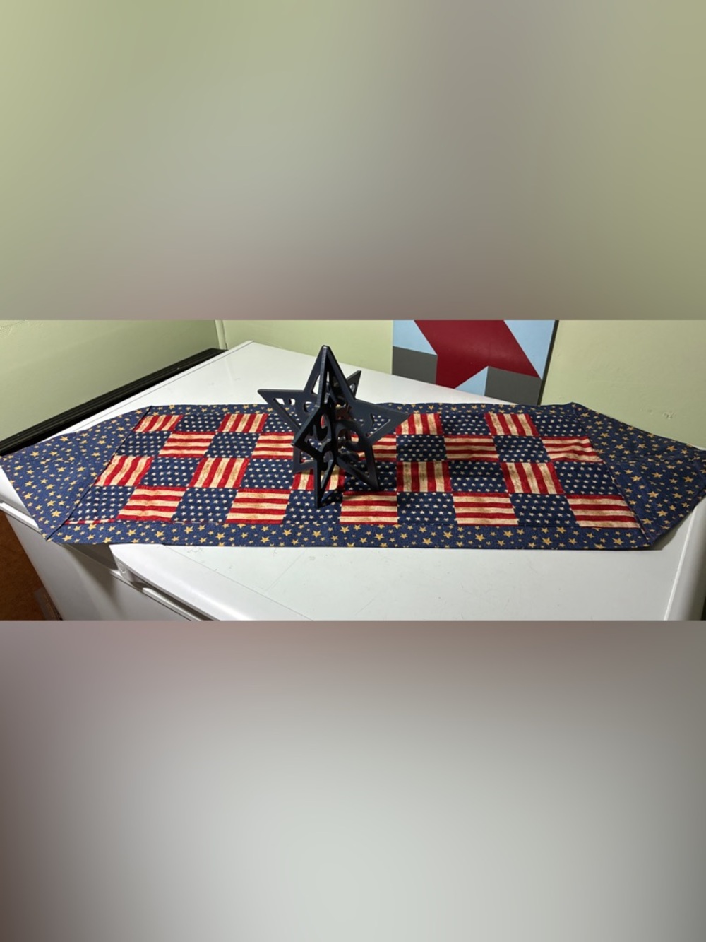 American Flag Patchwork Table Runner - Blue & Red& foldable wooden blue star
